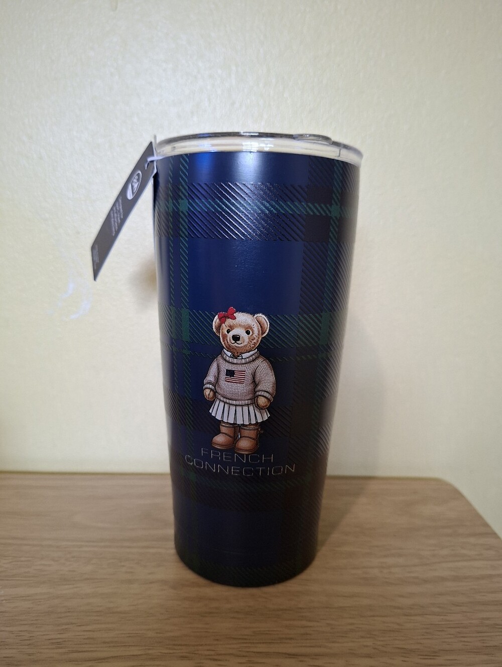 French Connection Stainless Steel Coffee Mug Tumbler Plaid Bear New AUTHENTIC